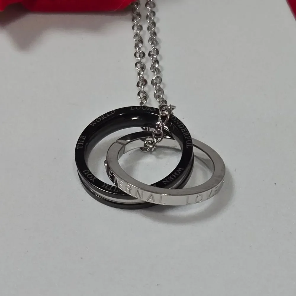 Love Pendant Necklace Two-Tone Interlocking Rings Stainless Steel Couples Gift